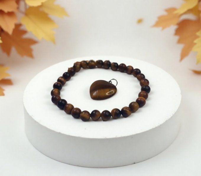 PARURE PENDENTIF ET BRACELET EN OEIL DE TIGRE